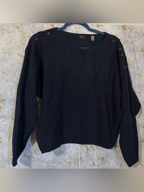 Tahari Navy Lace-Up Shoulder Knit Pullover